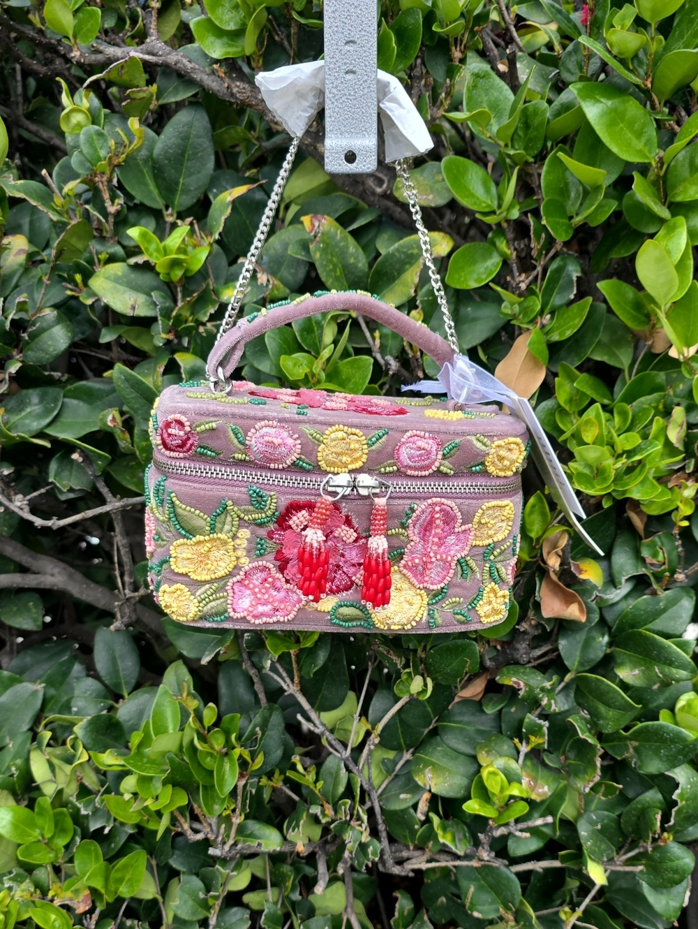 Beaded Floral Crossbody Bag in Mauve with Red Bead Tassels